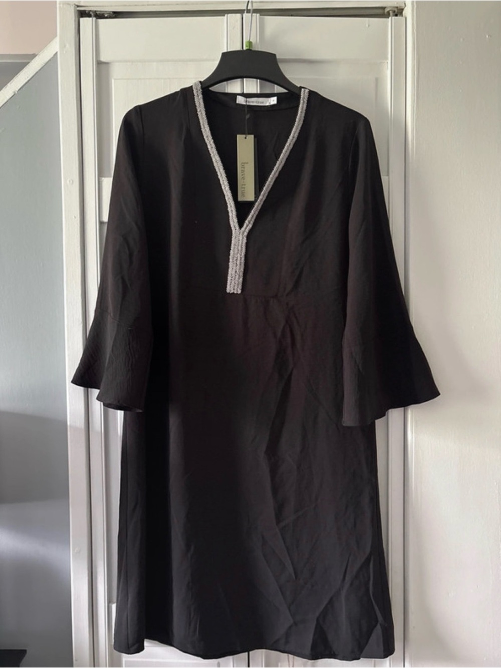 Black Midi Dress with Embellished V-Neck